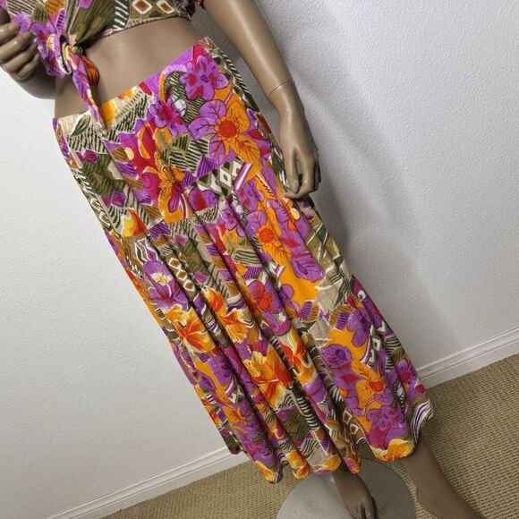 Vintage 2 Piece Skirt / Top Set Medium Large Tropical Floral Pink Resort Vibrant - Picture 7 of 13